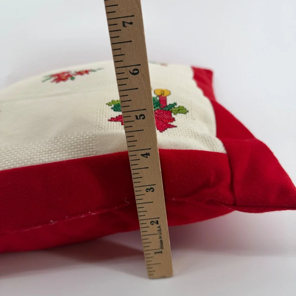 Vintage Christmas Cross Stitch Throw Pillow Red Velvet Holiday Decor 12x12